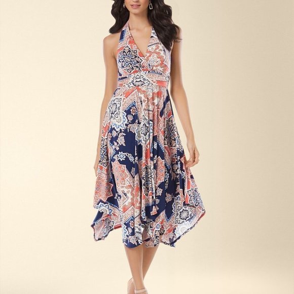 Soma Dresses & Skirts - 𝅺soma Halter Scarf Hem Handkerchief Midi Dress Capri Tile S